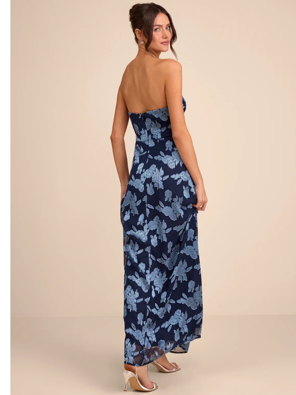 Lulus Danae Navy Blue Floral Jacquard Strapless Chiffon Maxi Dress Event - Picture 2 of 14